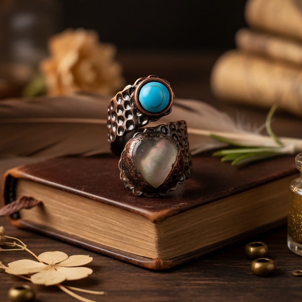 Rainbow Moonstone Heart Ring Bronze Turquenite Adjustable 8-11 Boho Witchy